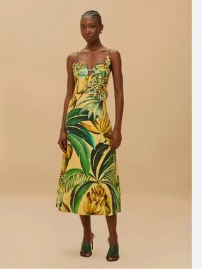 Farm rio Yellow Bananart 3D Bodice Midi Dress
